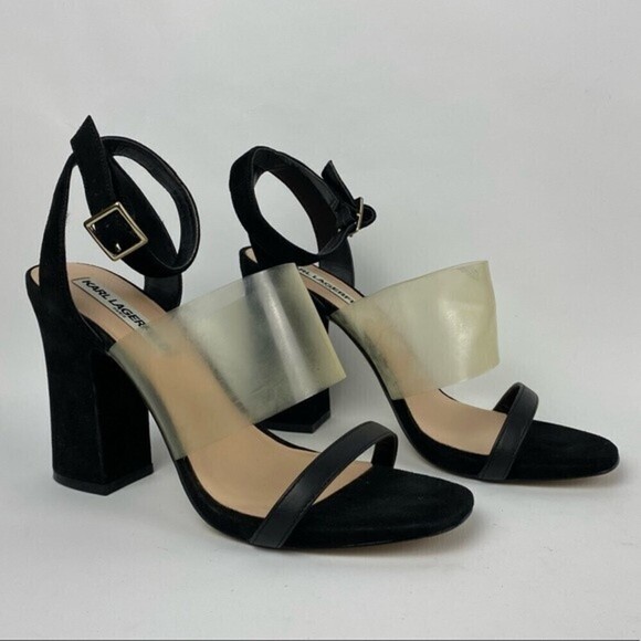 Karl Lagerfeld Paris Raya Block Heel Sandal Womens Size 8M Black Ankle Strap - Picture 2 of 9